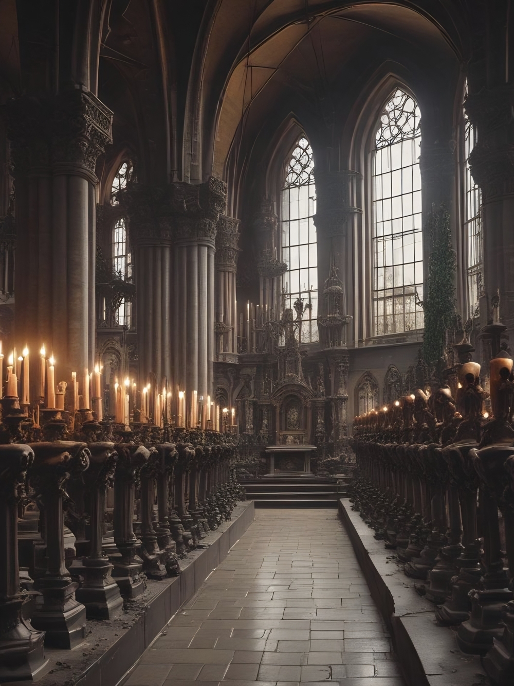 Moody Gothic Church Candle Aisle Art Print - Brown & Black